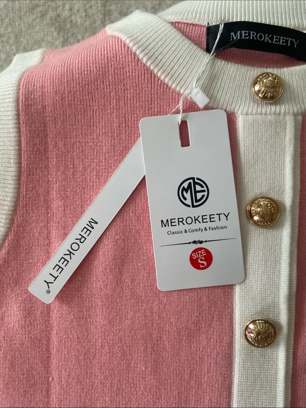 Sleeveless Pink Mini Dress with White Trim and Gold Buttons - Picture 6 of 6